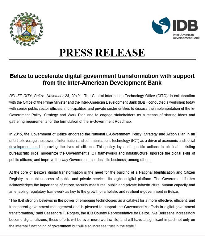 Belize To Accelerate Digital Government Transformation With Support From  The Inter-American Development Bank – The Belize High Commission, London