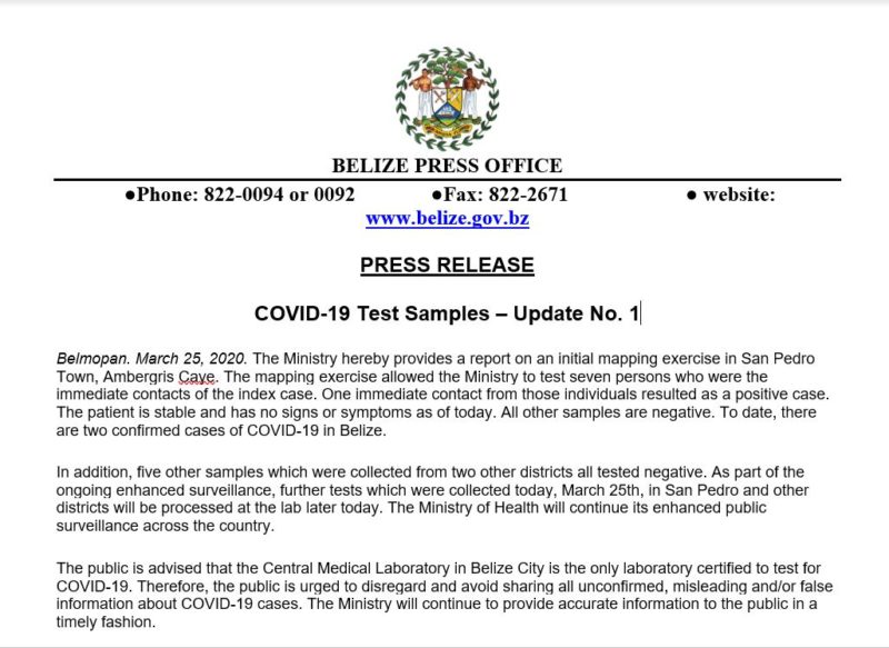 COVID19 Test Samples Update No. 1 The Belize High Commission, London