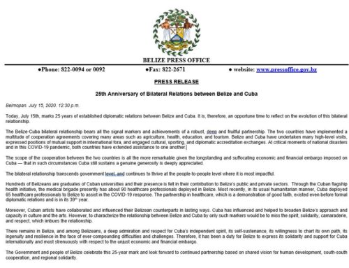 25th Anniversary Of Bilateral Relations Between Belize And Cuba